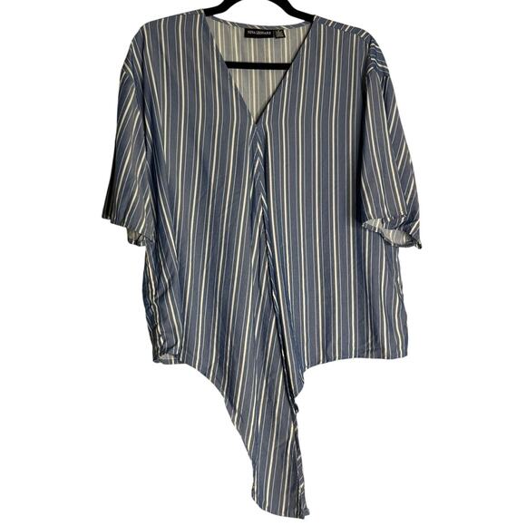 Nina Leonard Top Women Small Chambray Blue White Striped Short Sleeve Faux Wrap - Picture 1 of 10